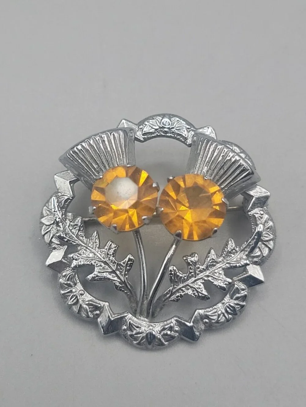 Mizpah Scottish Thistle Brooch Celtic Topaz Rhinestone Vintage Silver Tone